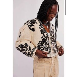 Free People Bali Mabel Quilted Embroidered Cropped Jacket Cream Black medium